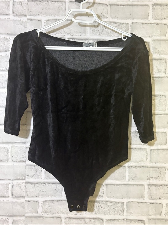 christine Tops - Christine Alter Ego Velvet Scoop Neck Black Bodysuit with 3/4 Sleeves, small